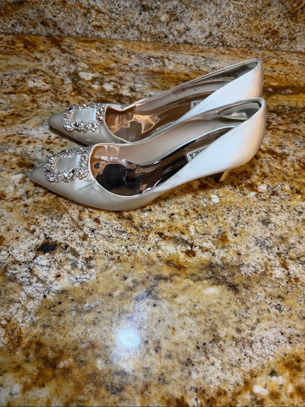 Badgley Mischka Ivory Satin Pointed Toe Embellished Pumps